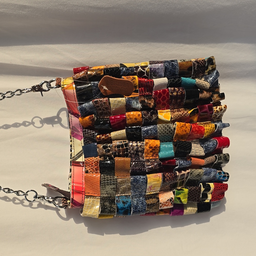 Womens Unique Genuine Leather Strips Crossbody Purse Versatile Removable Strap